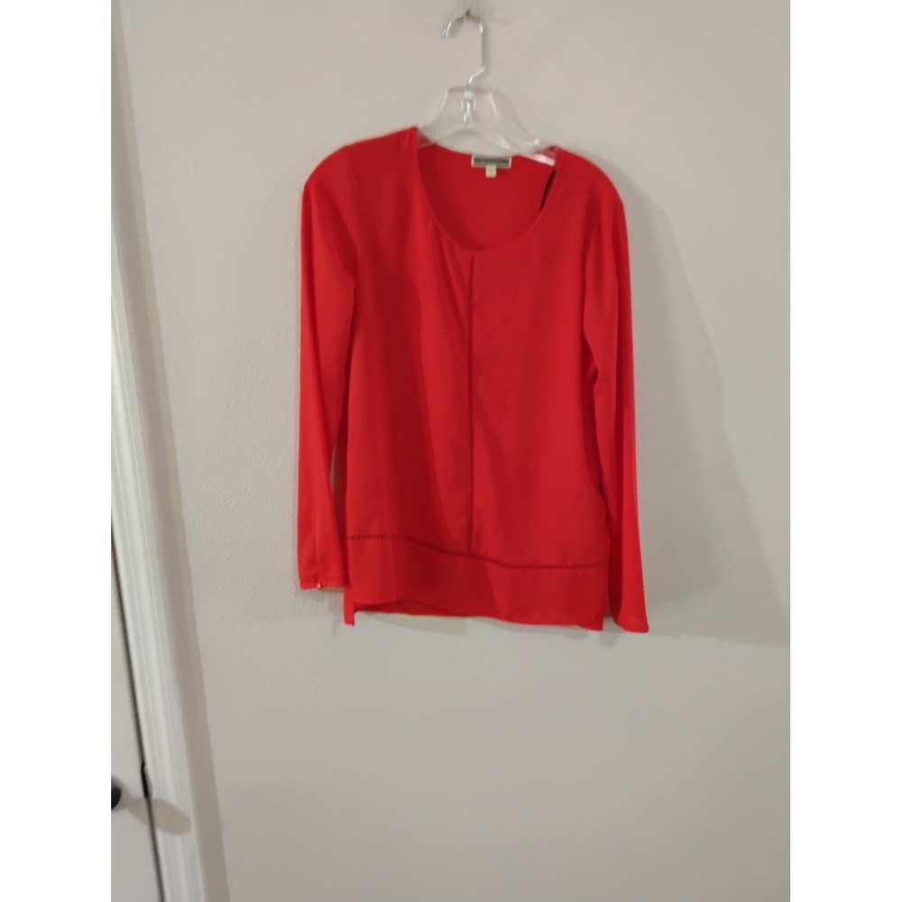 Pleione Womens Red Long Sleeve Scoop Neck Blouse Ladder Stitch Detail Small